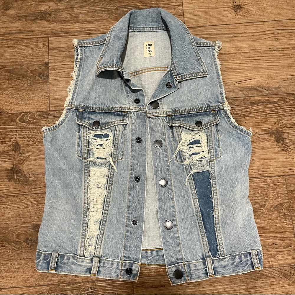 Volcom distressed jean vest with colorful patches on back - Size XS